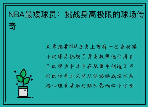 NBA最矮球员：挑战身高极限的球场传奇