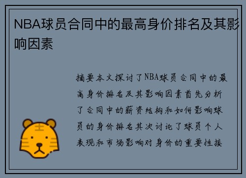NBA球员合同中的最高身价排名及其影响因素